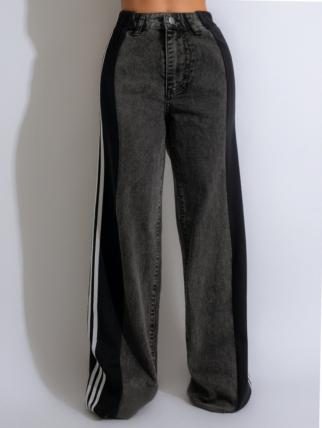 Fashion Casual High Waist Elastic Straight Leg Trousers Three Stripe Patchwork Denim Wide Leg Pants Streetwear