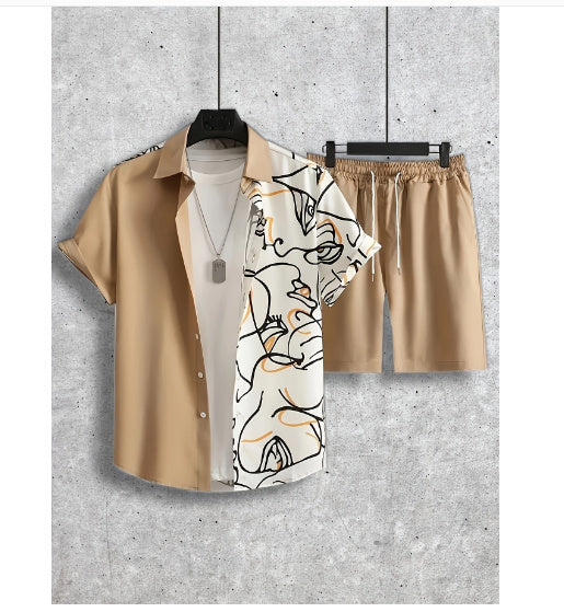 Summer New Style Shirt Shorts 3D Printed Casual Men's Cardigan Two-piece Set